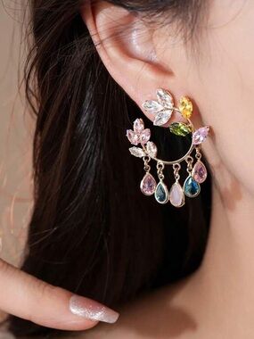 Multi-Color Crystal Leaf Drop Earrings - Women Jewelry R421